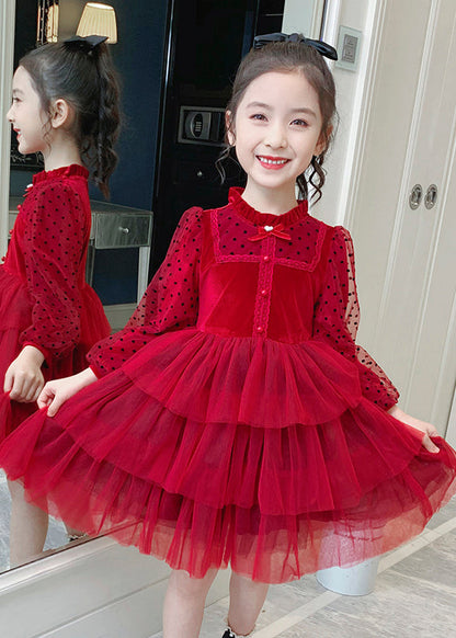 Red Dot Print Tulle Kids Long Princess Dress Long Sleeve