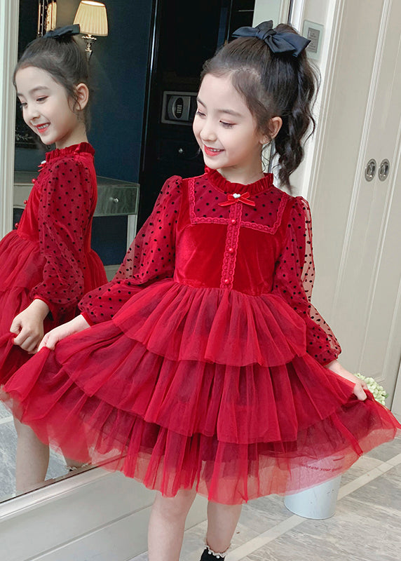 Red Dot Print Tulle Kids Long Princess Dress Long Sleeve