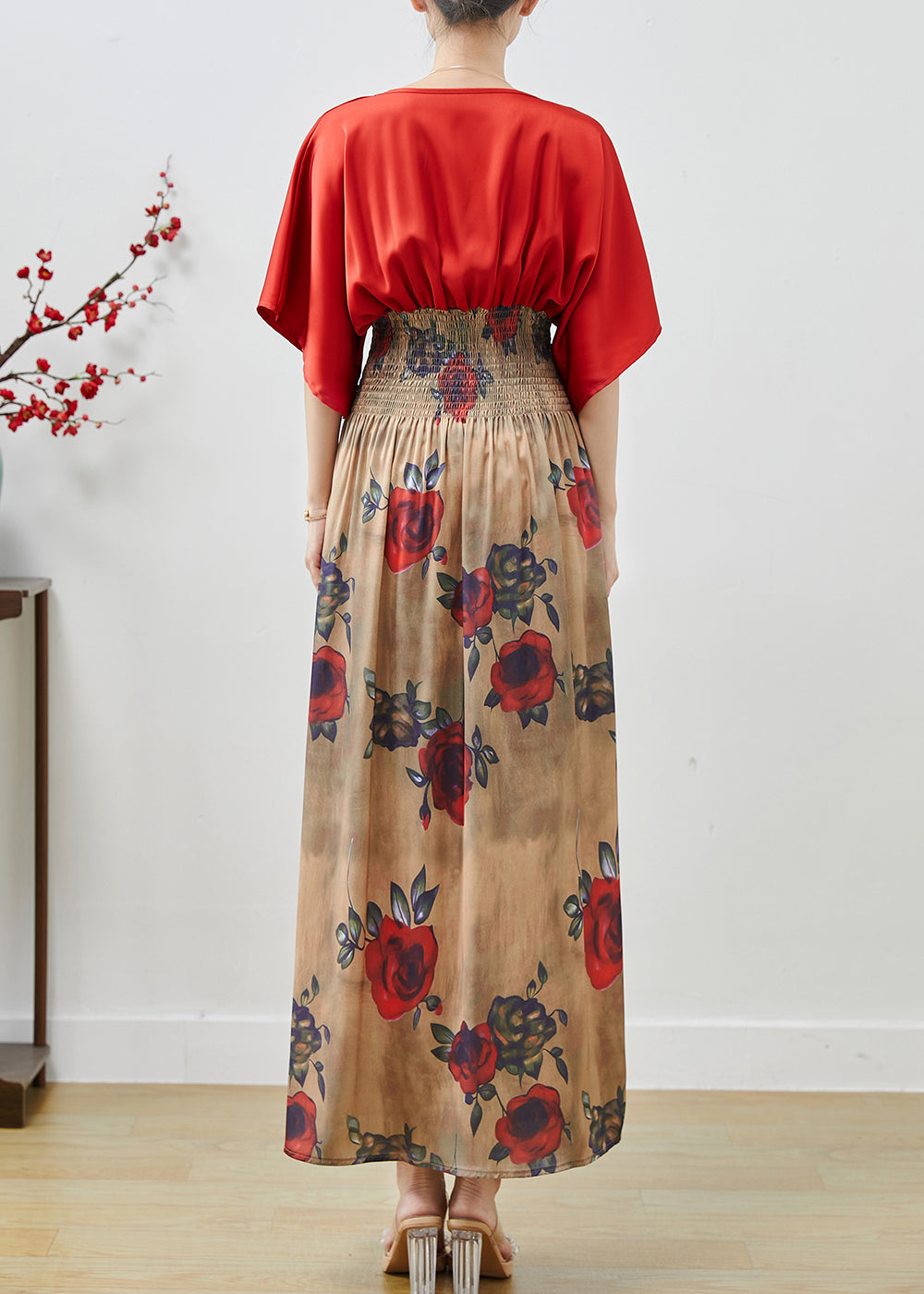 Red Elastic Waist Patchwork Chiffon Dress Summer