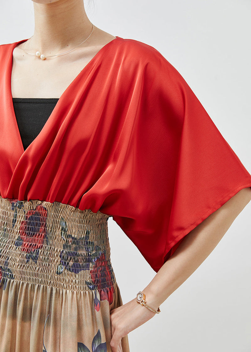 Red Elastic Waist Patchwork Chiffon Dress Summer