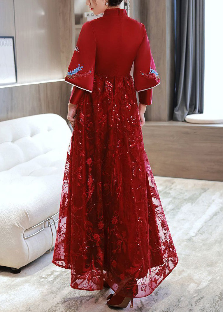 Red Embroidered Patchwork Lace Long Dress Spring
