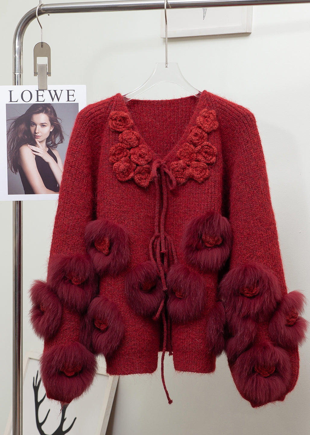 Red Decorated Patchwork Fox Fur Knit Cardigan Winter