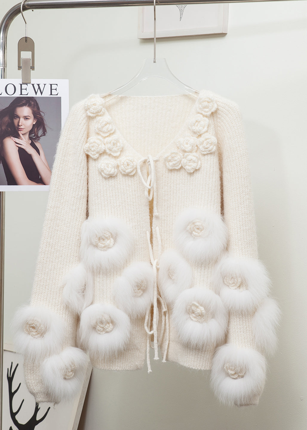 Red Decorated Patchwork Fox Fur Knit Cardigan Winter
