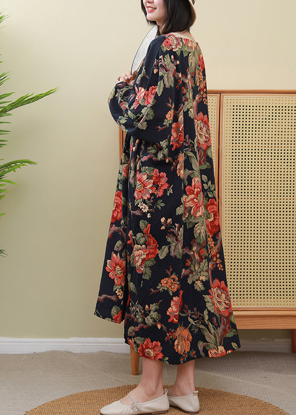 Red Print O-neck Inclined Plate Buckle Dress Long Sleeve