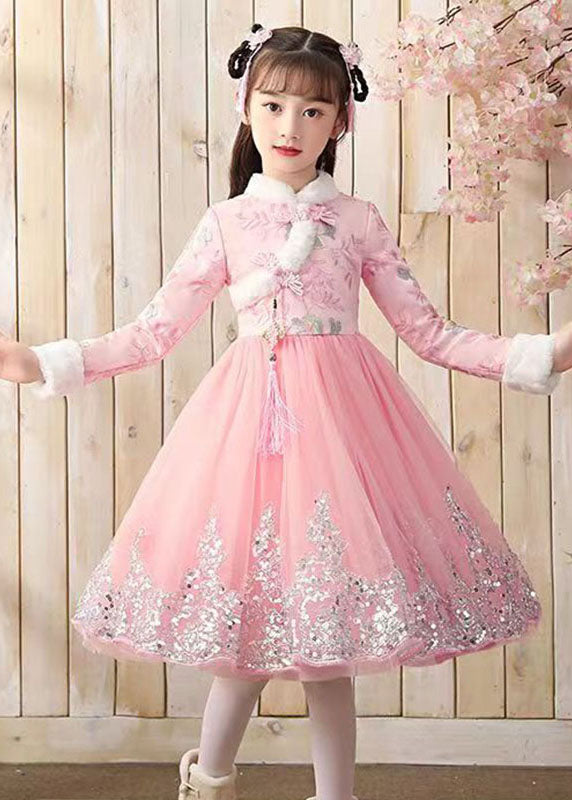 Red Fur Collar Sequins Patchwork Button Tulle Long Dress Winter