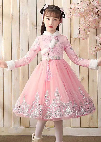 Red Fur Collar Sequins Patchwork Button Tulle Long Dress Winter