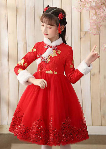 Red Fur Collar Sequins Patchwork Button Tulle Long Dress Winter