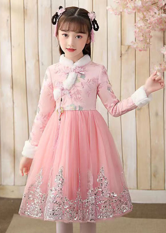 Red Fur Collar Sequins Patchwork Button Tulle Long Dress Winter