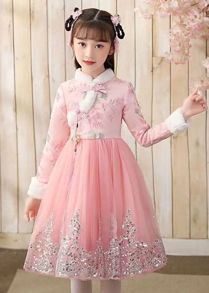 Red Fur Collar Sequins Patchwork Button Tulle Long Dress Winter