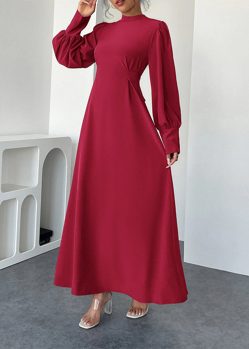 Red Hign Neck Cotton Maxi Dresses Lantern Sleeve