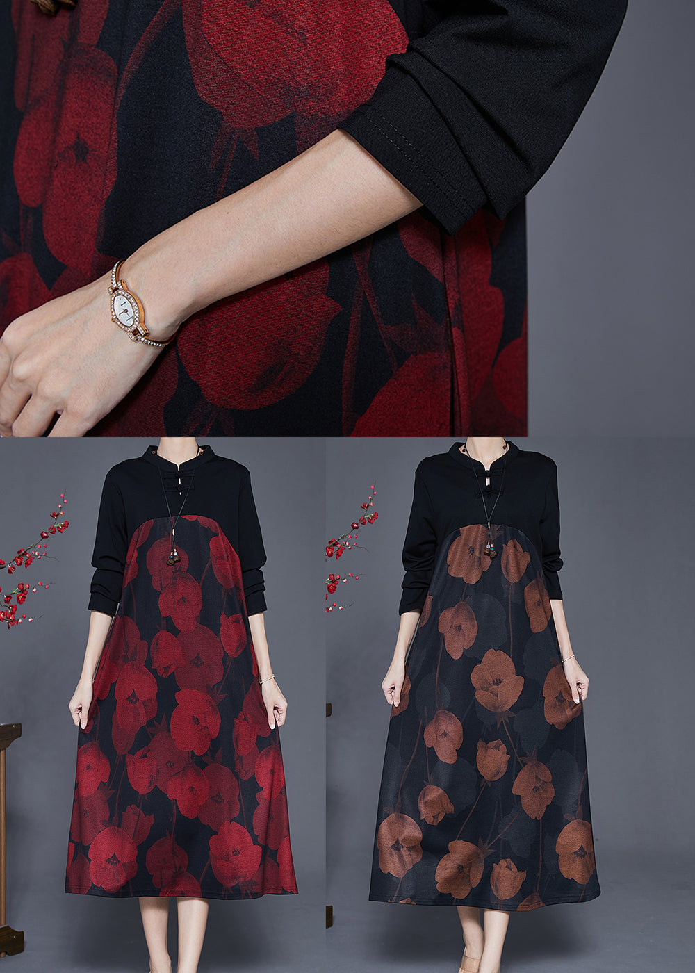 Red Mandarin Collar Print Cotton Holiday Dress Spring