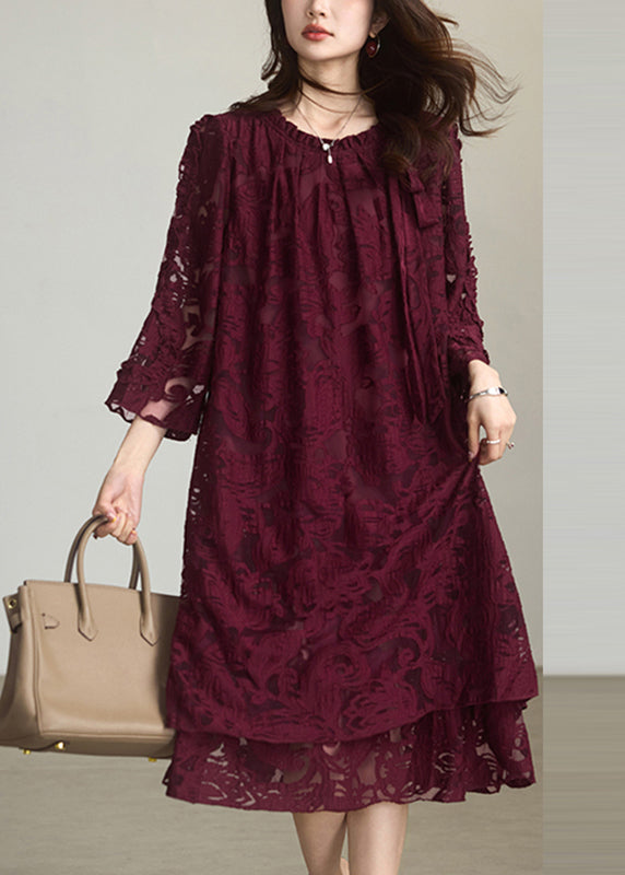 Red O-neck Chiffon Maxi Dress Fall