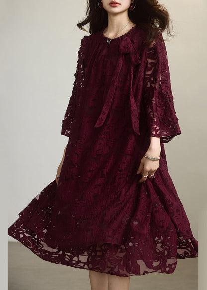 Red O-neck Chiffon Maxi Dress Fall