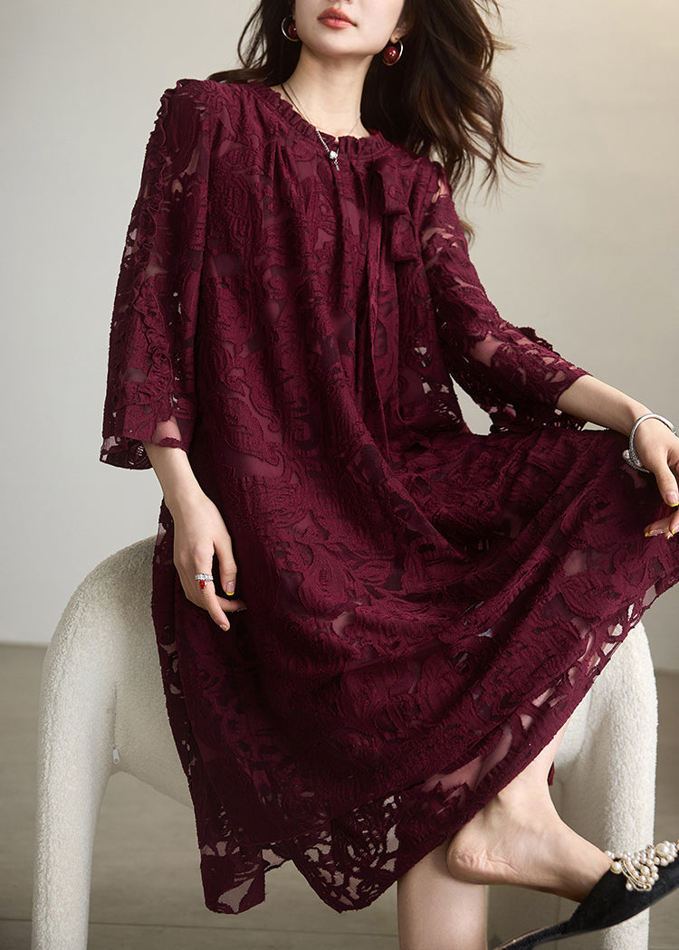 Red O-neck Chiffon Maxi Dress Fall