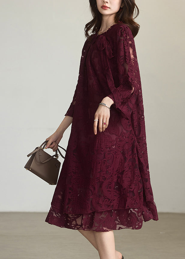 Red O-neck Chiffon Maxi Dress Fall