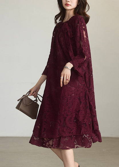 Red O-neck Chiffon Maxi Dress Fall