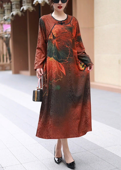 Red O Neck Print Cotton Long Dress Spring