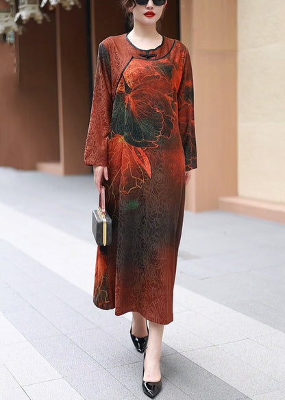 Red O Neck Print Cotton Long Dress Spring