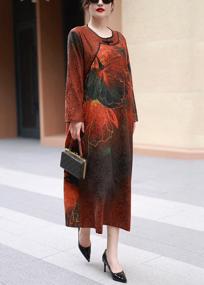 Red O Neck Print Cotton Long Dress Spring
