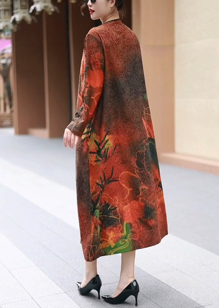 Red O Neck Print Cotton Long Dress Spring