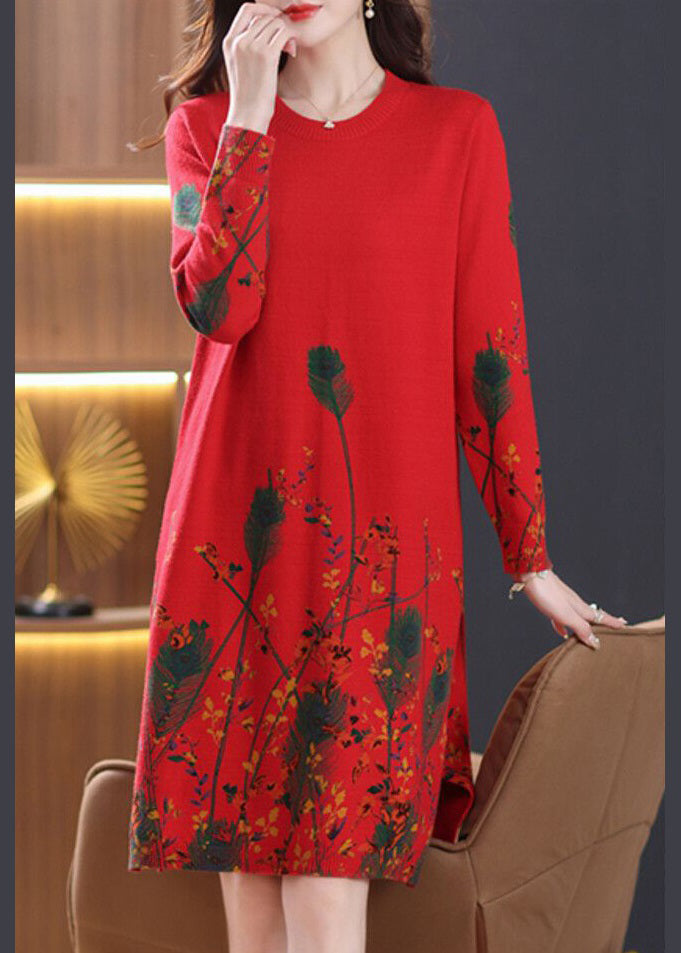 Red O Neck Print Knit Sweater Dress Spring