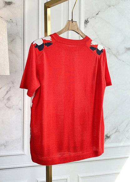 Red O-neck Print Silk Patchwork Knit Top Short Sleeve