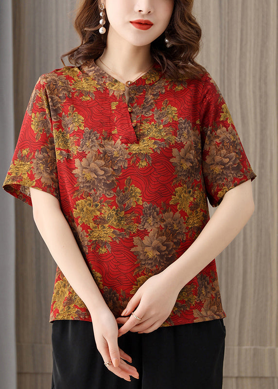 Red O-neck Print Silk Shirts Short Sleeve