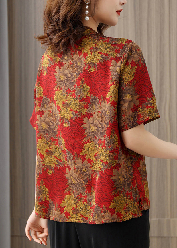 Red O-neck Print Silk Shirts Short Sleeve