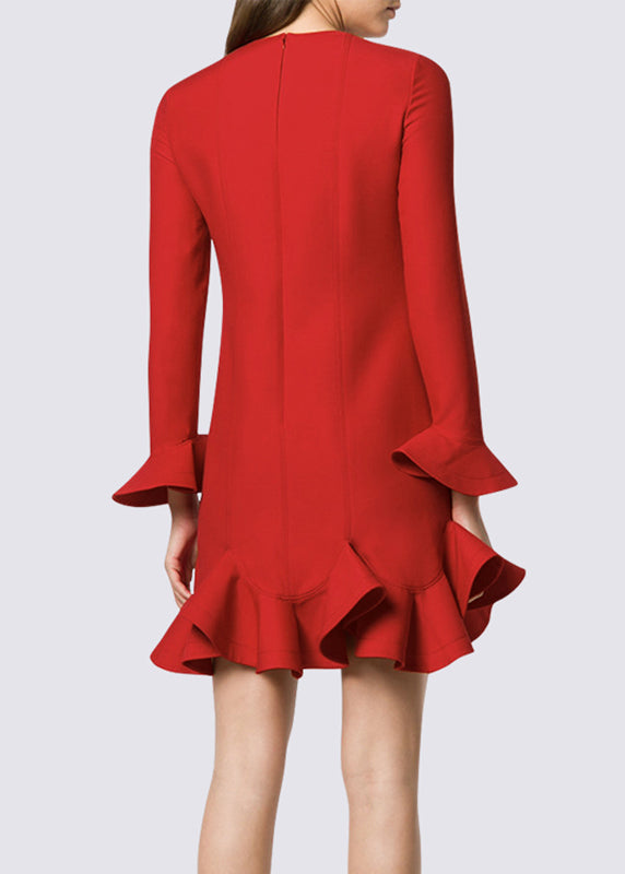 Red O-neck Ruffled Patchwork Mid Dress Spring