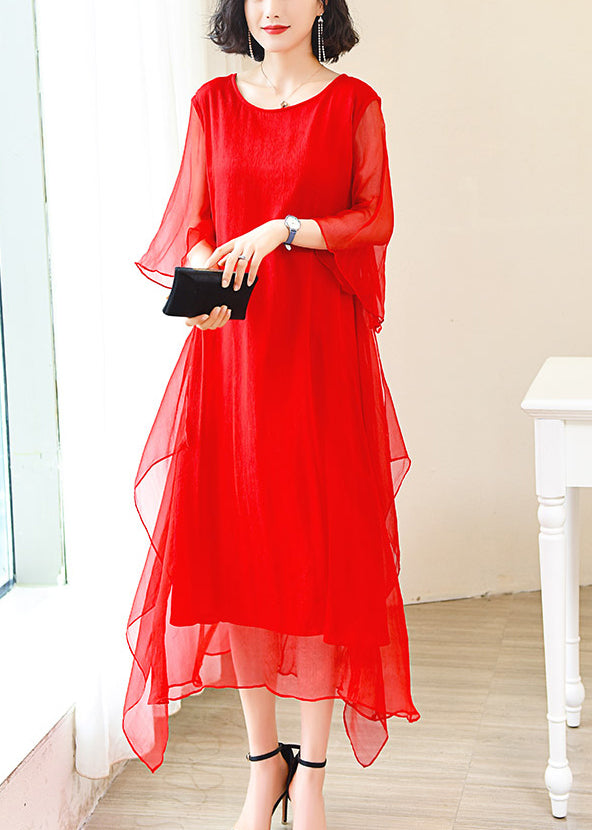 Red O-neck Ice Silk Long Dress Flare Sleeve