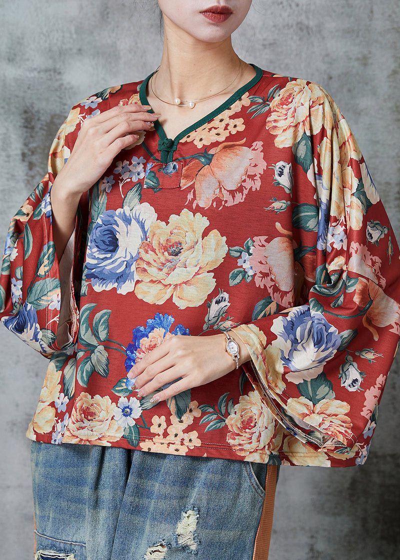 Red Oversized Print Linen Blouses Spring
