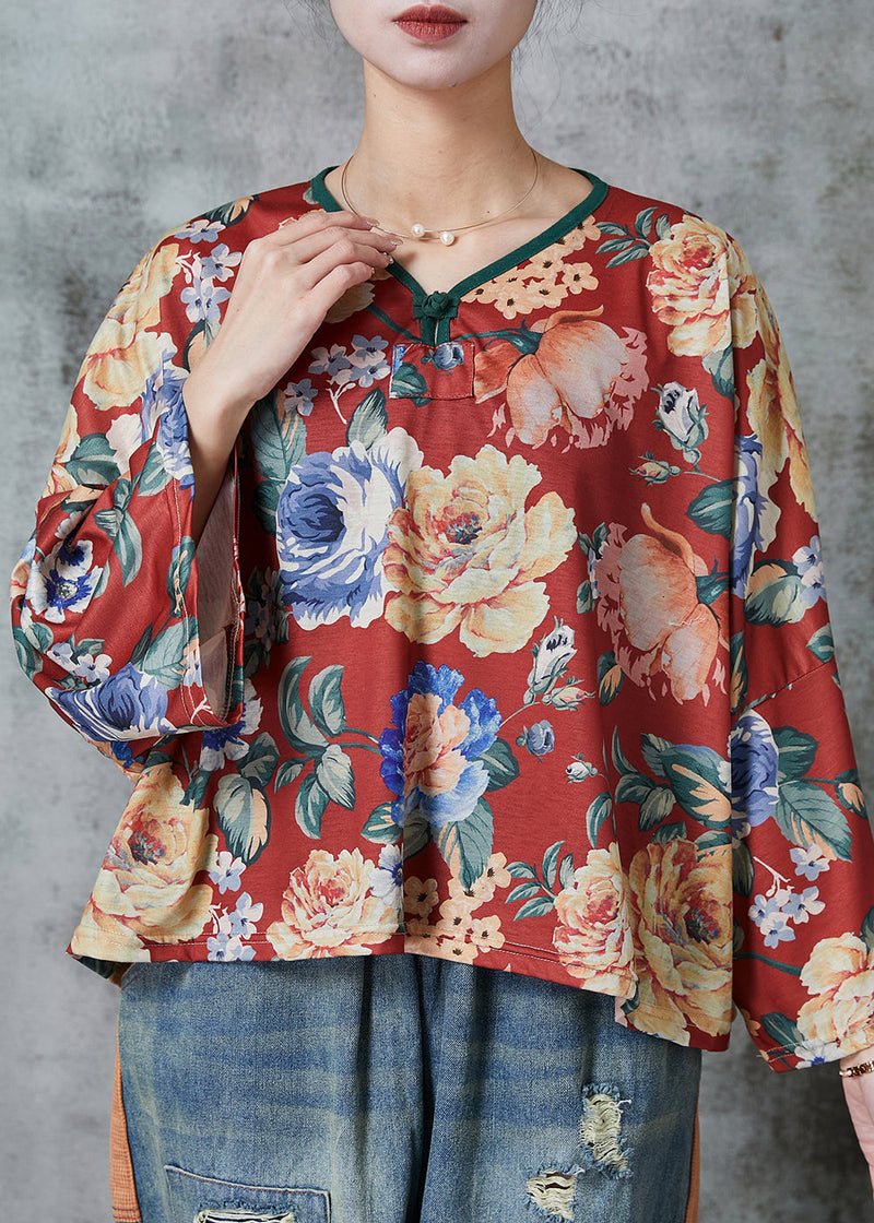 Red Oversized Print Linen Blouses Spring