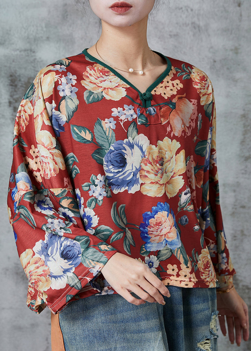 Red Oversized Print Linen Blouses Spring