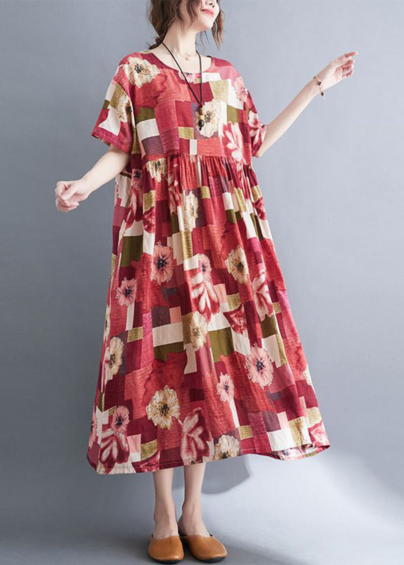 Red Oversized Print Pockets Cotton a Line Dress Summer