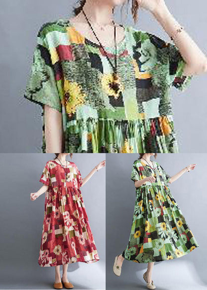 Red Oversized Print Pockets Cotton a Line Dress Summer