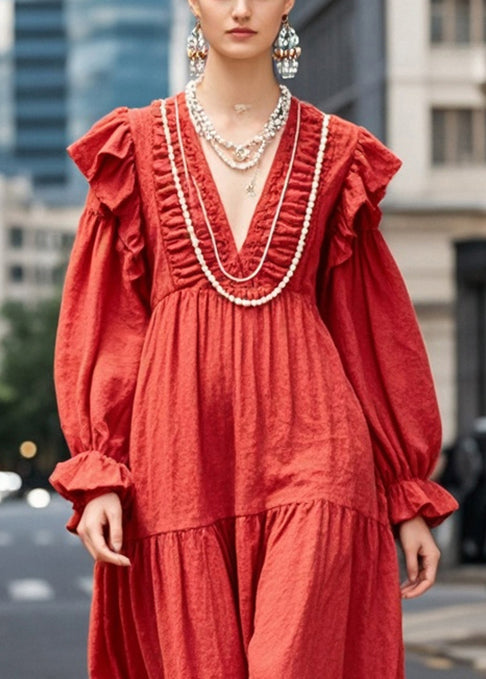 Red Oversized Ruffles Cotton Maxi Dresses Spring
