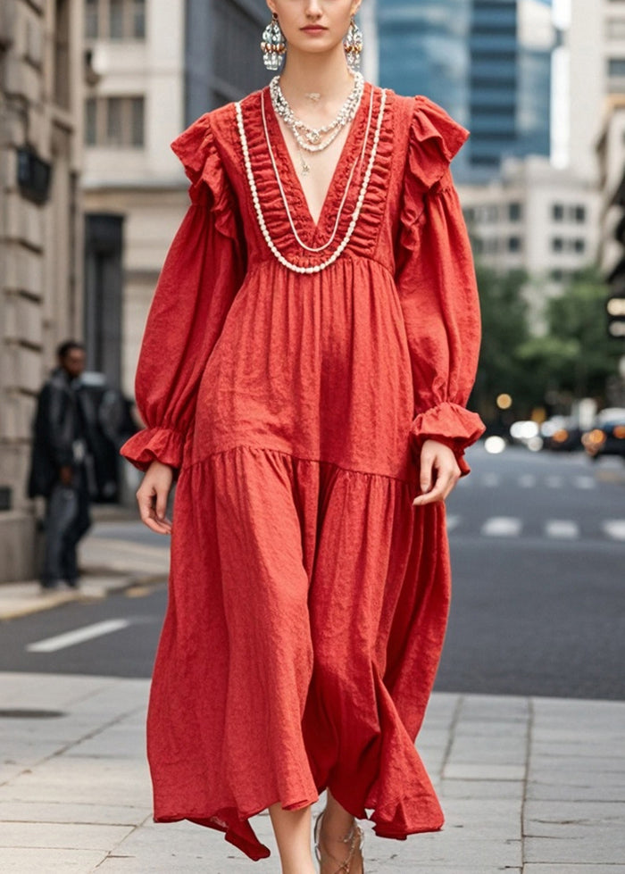 Red Oversized Ruffles Cotton Maxi Dresses Spring