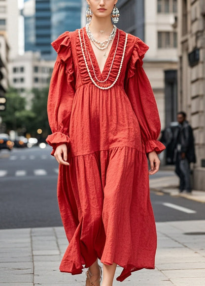 Red Oversized Ruffles Cotton Maxi Dresses Spring