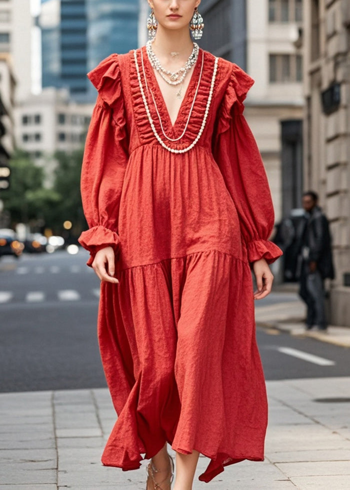 Red Oversized Ruffles Cotton Maxi Dresses Spring