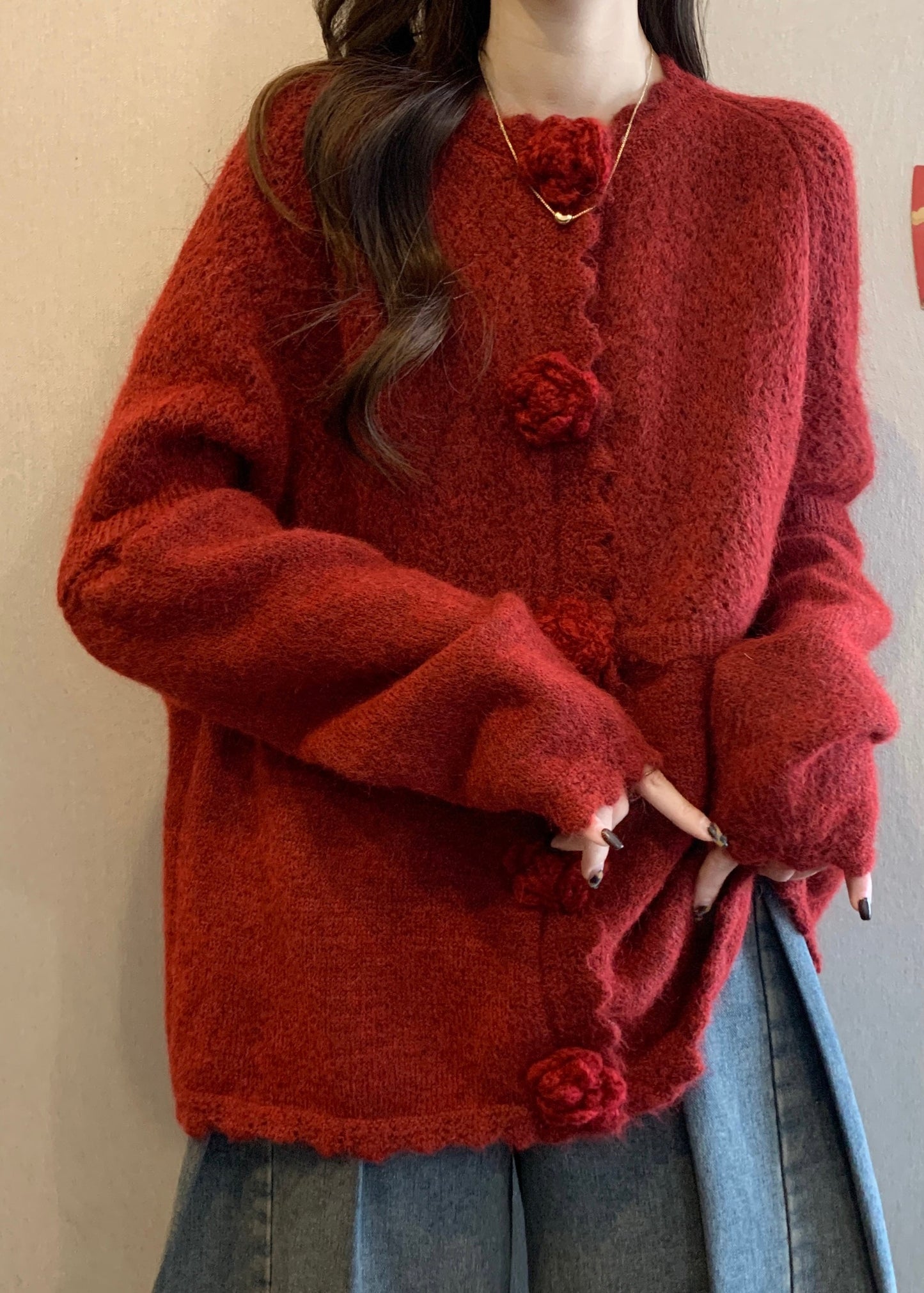Red Oversized Three-dimensional Knitted Tops Fall
