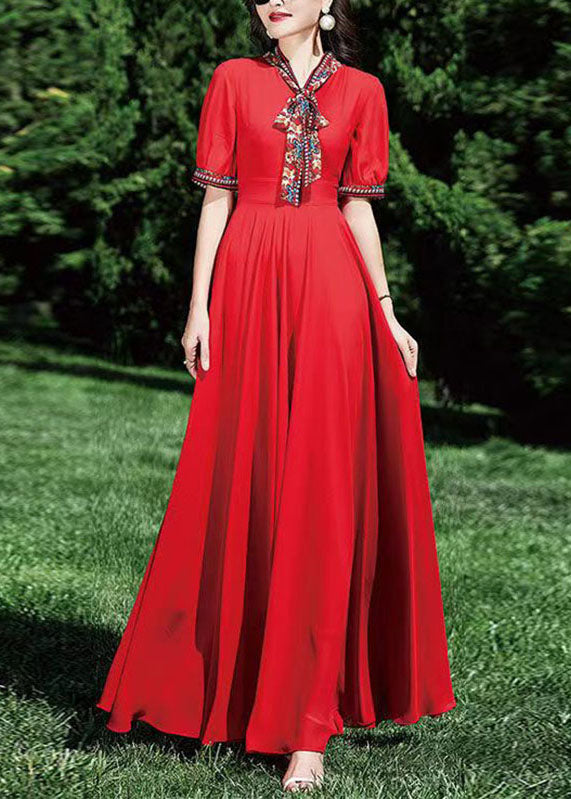Red Patchwork Wrinkled Tunic Chiffon Long Dress Summer