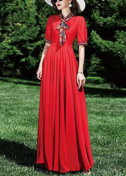 Red Patchwork Wrinkled Tunic Chiffon Long Dress Summer
