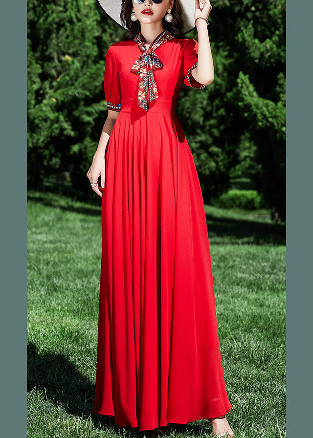 Red Patchwork Wrinkled Tunic Chiffon Long Dress Summer