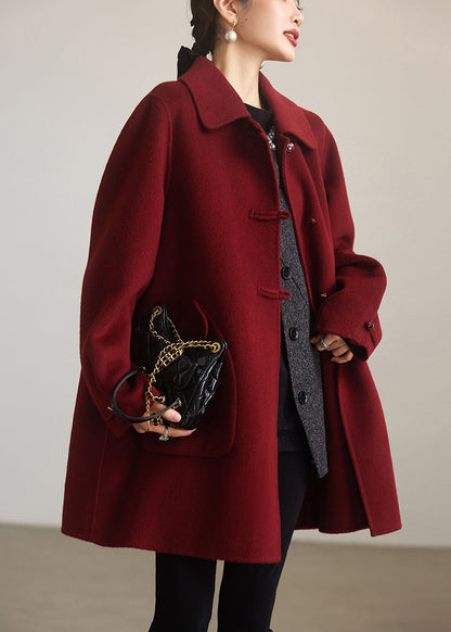 Red Peter Pan Collar Button Woolen Coats Spring
