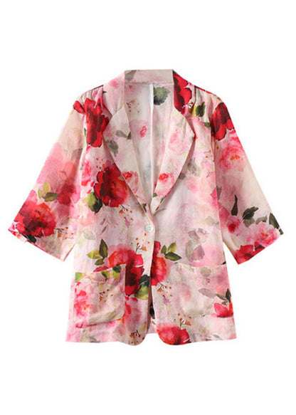 Red Peter Pan Collar Print Button Linen Coats Summer