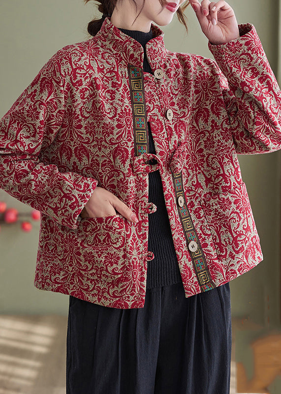 Red Print Pockets Cotton Filled Parka Winter