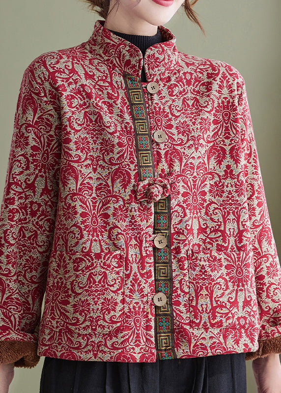 Red Print Pockets Cotton Filled Parka Winter