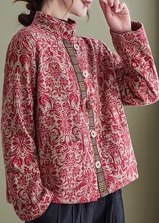 Red Print Pockets Cotton Filled Parka Winter