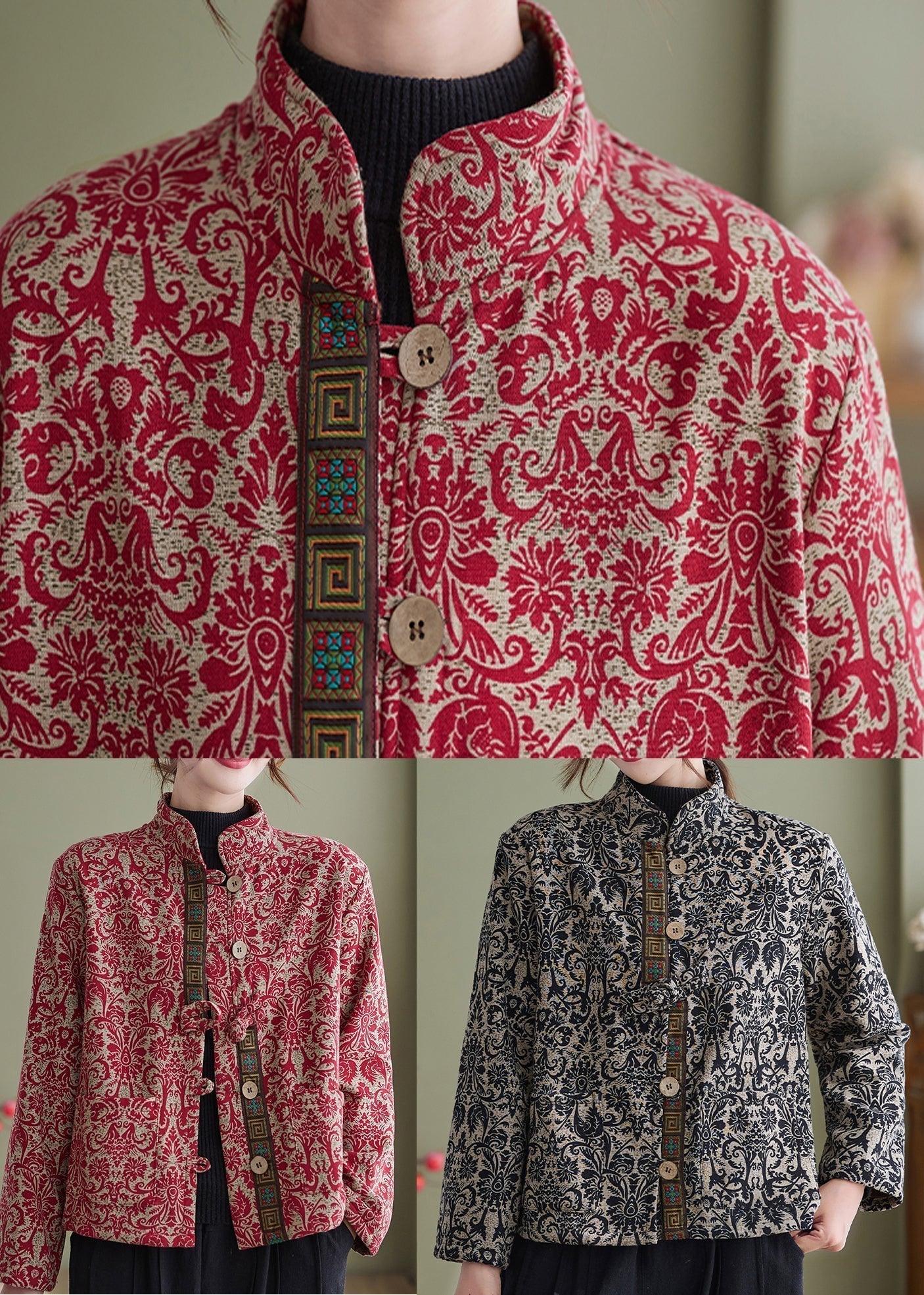 White-crane Print Pockets Cotton Filled Parka Winter