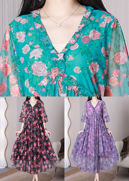 Red Print Ruffled Chiffon Long Dress Half Sleeve